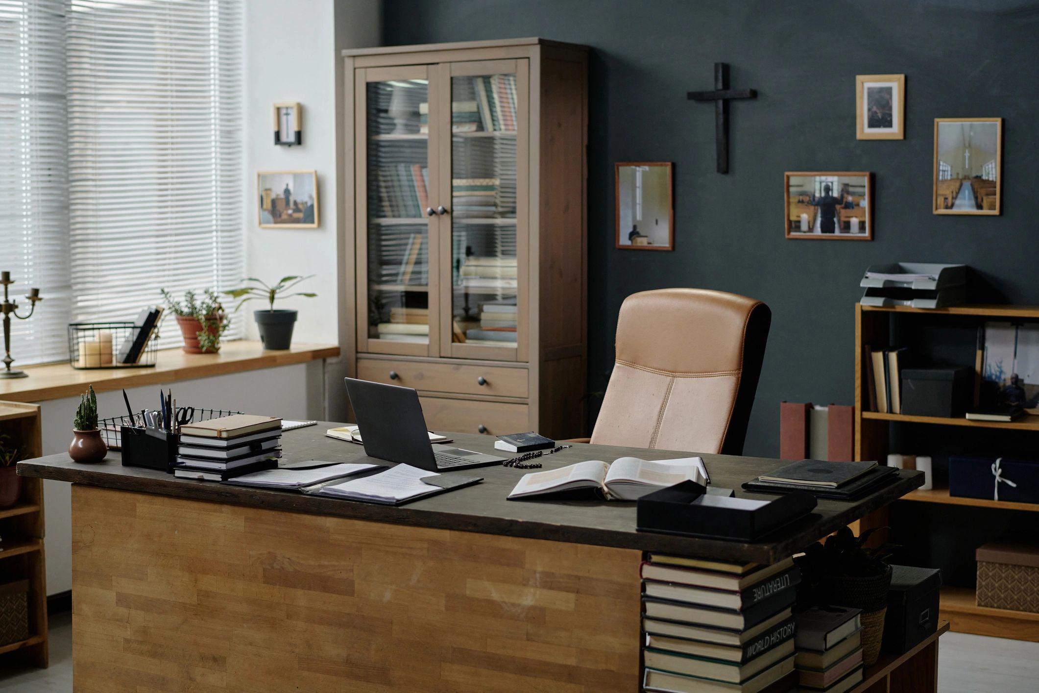 Quiet reading and writing space with bookshelves